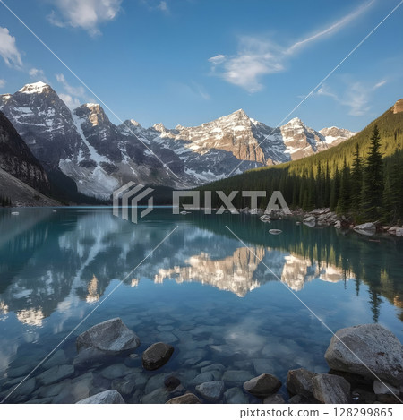 Alaska mountain range wilderness nature landscape snowy mountains wallpaper in realistic photography style, dramatic perspective with reflection in icy lake foreground 128299865