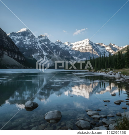 Alaska mountain range wilderness nature landscape snowy mountains wallpaper in realistic photography style, dramatic perspective with reflection in icy lake foreground 128299868