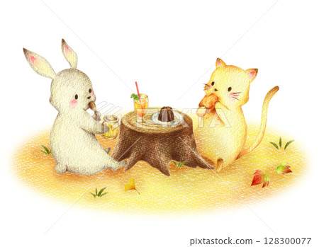 Rabbit and cat eating sweets in an autumn field Hand-drawn colored pencil drawing 128300077