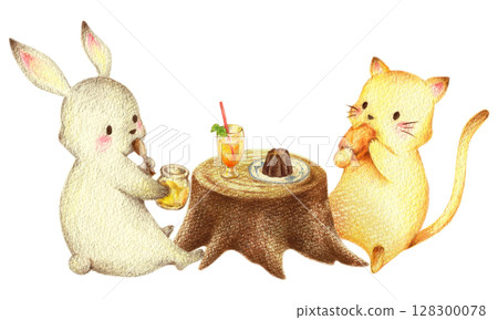 一隻兔子和一隻貓在樹樁桌旁吃糖果。手繪色鉛筆畫。 一隻兔子和一隻貓在樹樁桌旁吃糖果。手繪色鉛筆畫。 128300078