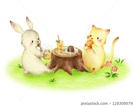 Rabbit and cat eating sweets in a green field Hand-drawn colored pencil drawing 128300079