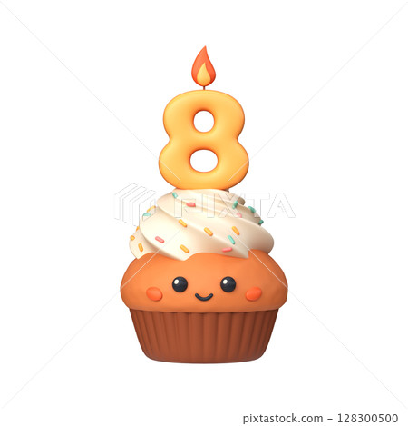 Cute 3D birthday cupcake with candle and number 8 Cute 3D birthday cupcake with candle and number 8 128300500