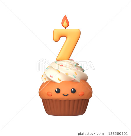 Cute 3D birthday cupcake with candle and number 7 128300501
