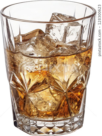 Elegant crystal whiskey glass with ice cubes 128300623