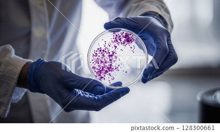 Gloved hands holding petri dish with purple bacteria 128300661