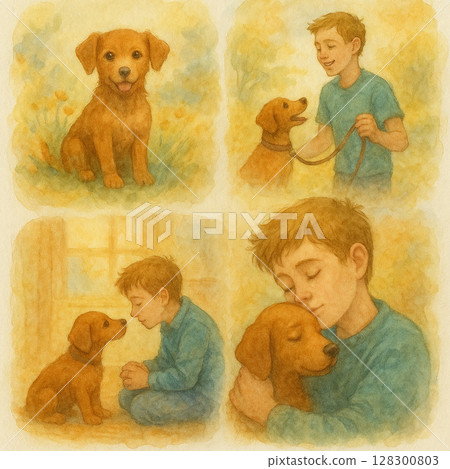 男孩與小狗的溫暖光芒 | 童年友誼與陪伴的水彩畫故事 128300803