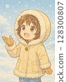 Cute cartoon little girl illustration wearing winter clothes playing in the snow 128300807
