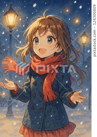 冬日夜晚快樂少女在雪中享受浪漫氣氛的插畫 128300809