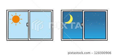 早上和夜晚的窗戶插圖（向量） 128300906