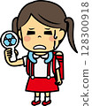Elementary school girl cooling off with a handheld fan 128300918