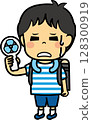 Elementary school boy cooling off with a handheld fan 128300919