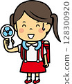 Elementary school girl cooling off with a handheld fan 128300920
