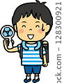 Elementary school boy cooling off with a handheld fan 128300921