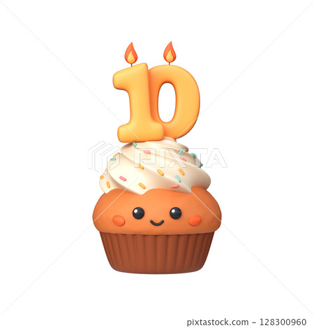 Cute 3D birthday cupcake with candle and number 10 Cute 3D birthday cupcake with candle and number 10 128300960