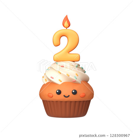 Cute 3D birthday cupcake with candle and number 2 128300967