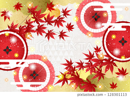 Red Japanese umbrella and autumn leaves background, Japanese style, cute, horizontal Red Japanese umbrella and autumn leaves background, Japanese style, cute, horizontal 128301113