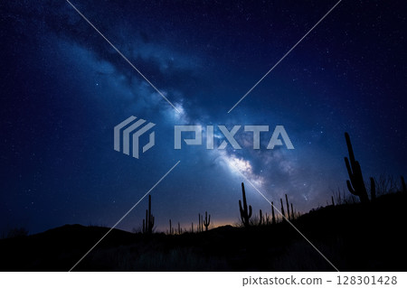 Desert landscape night sky Milky Way silhouette cactus serene starry dramatic Desert landscape night sky Milky Way silhouette cactus serene starry dramatic 128301428