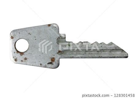 Old rusty key on white background, isolated and weathered. Old rusty key on white background, isolated and weathered. 128301458
