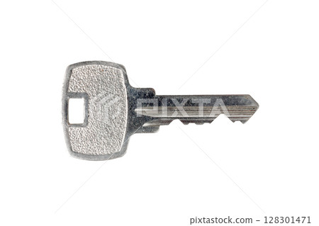 Silver metal key isolated on white background, close-up view. 128301471