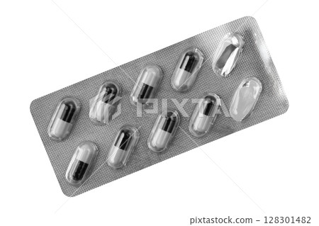 Blister pack of capsules isolated on white background. Blister pack of capsules isolated on white background. 128301482