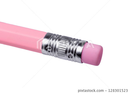Close-up of a pink pencil eraser on a white background. 128301523