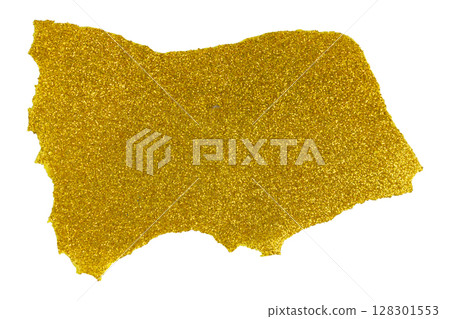Gold glitter texture with irregular edges on a white background. 128301553