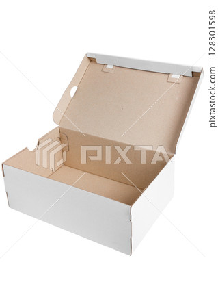 Open empty cardboard box with white exterior, viewed from above. Open empty cardboard box with white exterior, viewed from above. 128301598