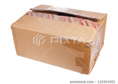 Open cardboard box with damage and visible tape. Open cardboard box with damage and visible tape. 128301602