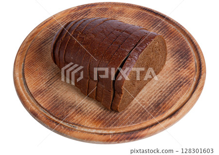 Sliced rye bread on a wooden board, close-up view. Sliced rye bread on a wooden board, close-up view. 128301603