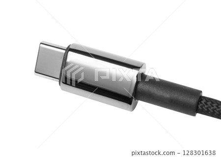 Close-up of a USB-C cable connector on a white background. 128301638
