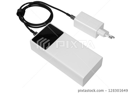 Portable charger and adapter with cable on white background. 128301649
