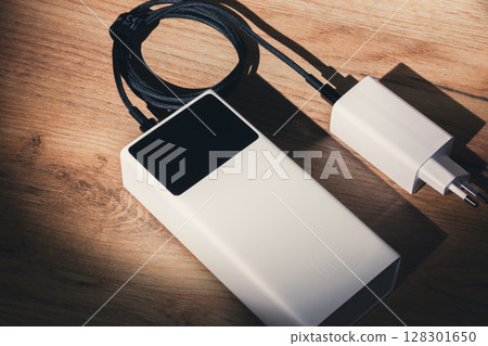 Portable power bank and charger on wooden surface 128301650