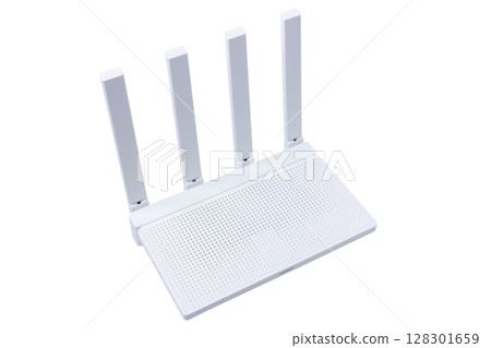 White Wi-Fi router with four antennas on white background. 128301659