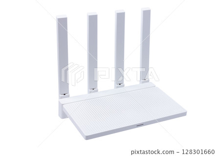 White wireless router with four antennas on a white background. 128301660