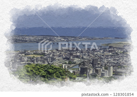 德島市水彩畫，德島縣德島市阿波白鷺橋 128301854