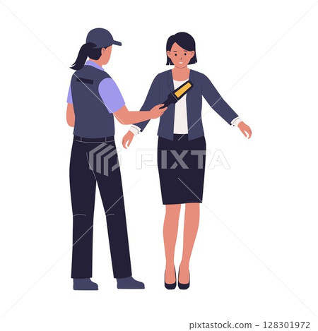 Female Undergoing Body Scanner Security Check by Guard 128301972