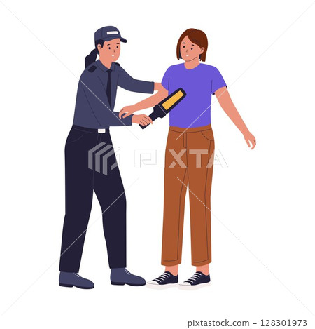 Casual Woman Undergoing Security Check with Handheld Body Scanner Casual Woman Undergoing Security Check with Handheld Body Scanner 128301973