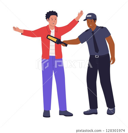 Man Being Scanned by Security Guard with Handheld Body Scanner 128301974