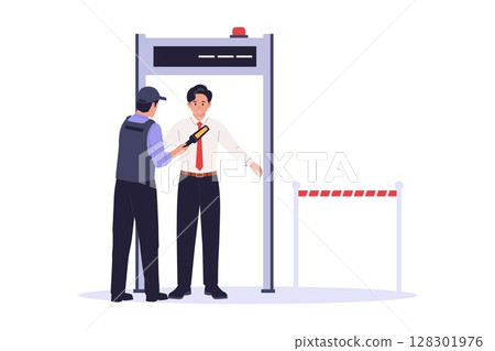 Security Guard Scanning Person at Checkpoint Gate 128301976