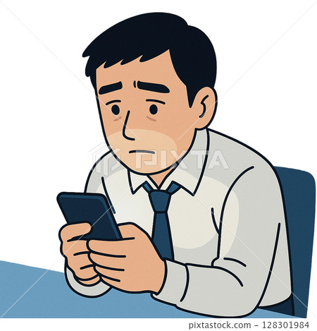 A businessman who feels uneasy about the content of SNS, a businessman with a gloomy expression looking at a notification on his smartphone, a businessman with an anxious expression 128301984