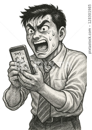 An office worker explodes with anger at information on social media, a businessman becomes upset and sweats after receiving a notification on his smartphone, An office worker explodes with anger at information on social media, a businessman becomes upset and sweats after receiving a notification on his smartphone, 128301985