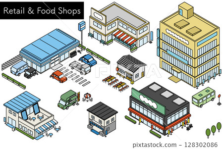 便利商店和超市商店外部佈景,簡單的線條畫等距圖 便利商店和超市商店外部佈景,簡單的線條畫等距圖 128302086