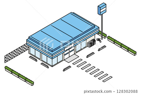 停車場沒有停放汽車的便利商店，簡單的線條藝術等距插圖 128302088