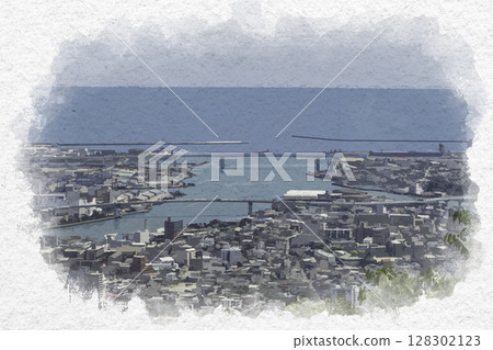 德島市水彩畫，德島縣德島市新町川河口附近 128302123