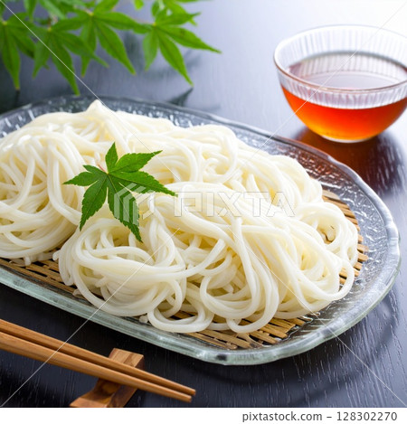 Somen noodles served in a glass bowl, noodle soup illustration Somen noodles served in a glass bowl, noodle soup illustration 128302270