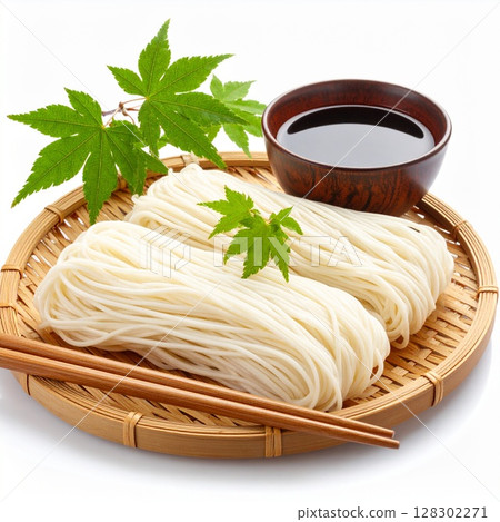 Somen noodles served in a glass bowl, noodle soup illustration Somen noodles served in a glass bowl, noodle soup illustration 128302271