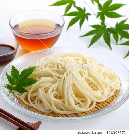 Somen noodles served in a glass bowl, noodle soup illustration Somen noodles served in a glass bowl, noodle soup illustration 128302272