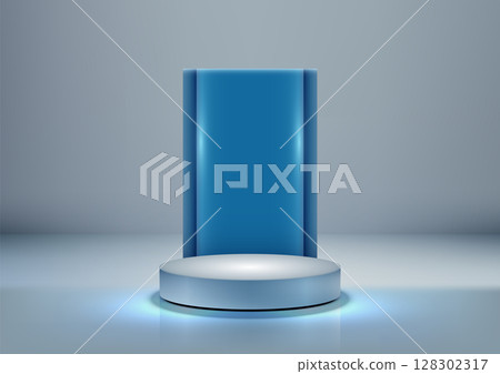 technology mockup with 3d light blue podium on grey background featuring glowing cylinder and vertical panel for modern product display showcase and futuristic branding presentation technology mockup with 3d light blue podium on grey background featuring glowing cylinder and vertical panel for modern product display showcase and futuristic branding presentation 128302317