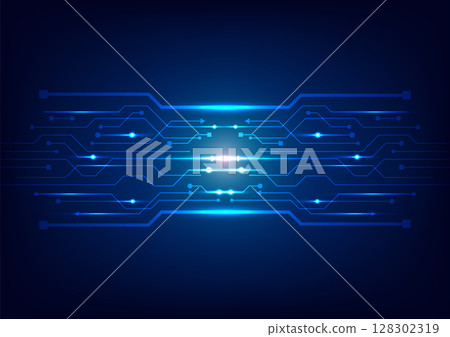 futuristic digital background with glowing circuit board design and energy flow on dark blue abstract technology network 128302319