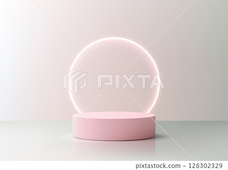 pastel pink podium with glowing neon ring for product display mockup minimal background modern composition isolated 3d render clean gradient showroom design 128302329